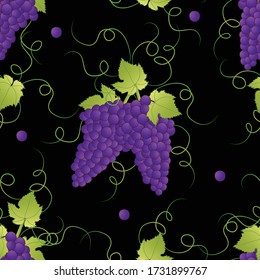 Pueple Grape Seamless on Black Background. Vector Illustration.