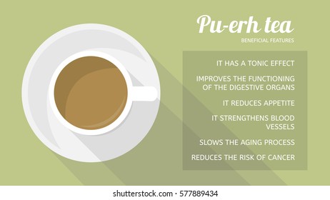 Pu-erh tea: properties and health benefits. Cup of beverage, top view