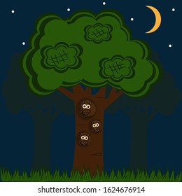 pueri scriptor illustration aliquam a familia noctuae in ligno contra lunam et stellas, vector