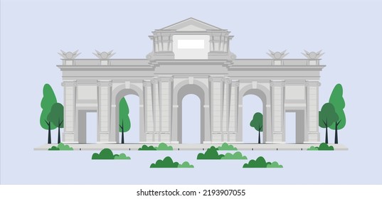 The Puerta de Alcala isolated on white background. It is a Neo-classical gate in the Plaza de la Independencia in Madrid, Spain. Madrid at Puerta de Alcala gate.