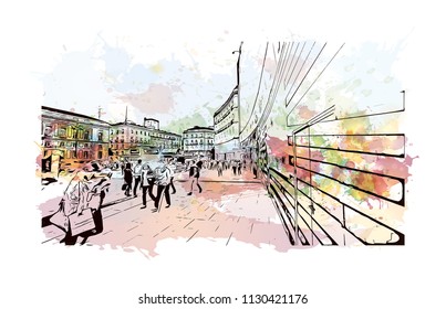 Puerta del Sol Plaza in Madrid, Spain. Watercolor splash with hand drawn sketch illustration in vector.