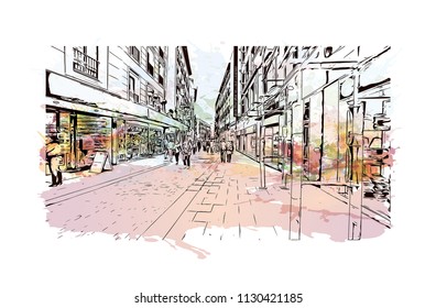 Puerta del Sol Plaza in Madrid, Spain. Watercolor splash with hand drawn sketch illustration in vector.