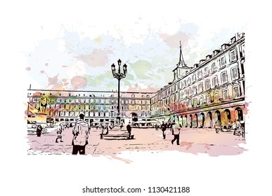 Puerta del Sol Plaza in Madrid, Spain. Watercolor splash with hand drawn sketch illustration in vector.