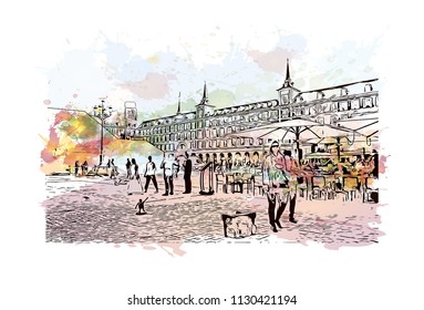 Puerta del Sol Plaza in Madrid, Spain. Watercolor splash with hand drawn sketch illustration in vector.