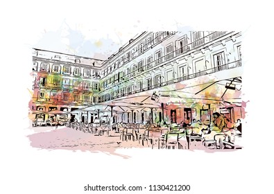 Puerta del Sol Plaza in Madrid, Spain. Watercolor splash with hand drawn sketch illustration in vector.