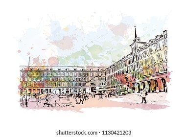 Puerta del Sol Plaza in Madrid, Spain. Watercolor splash with hand drawn sketch illustration in vector.