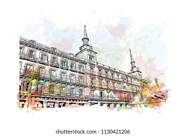 Puerta del Sol Plaza in Madrid, Spain. Watercolor splash with hand drawn sketch illustration in vector.