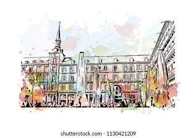 Puerta del Sol Plaza in Madrid, Spain. Watercolor splash with hand drawn sketch illustration in vector.