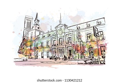 Puerta del Sol Plaza in Madrid, Spain. Watercolor splash with hand drawn sketch illustration in vector.