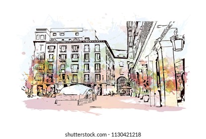 Puerta del Sol Plaza in Madrid, Spain. Watercolor splash with hand drawn sketch illustration in vector.