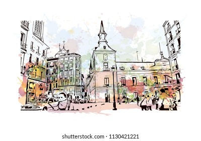 Puerta del Sol Plaza in Madrid, Spain. Watercolor splash with hand drawn sketch illustration in vector.