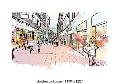 Puerta del Sol Plaza in Madrid, Spain. Watercolor splash with hand drawn sketch illustration in vector.