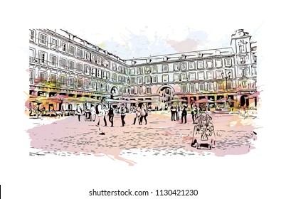 Puerta del Sol Plaza in Madrid, Spain. Watercolor splash with hand drawn sketch illustration in vector.