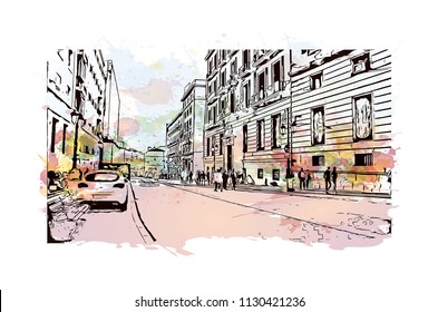 Puerta del Sol Plaza in Madrid, Spain. Watercolor splash with hand drawn sketch illustration in vector.