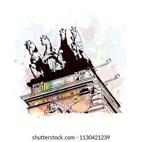 Puerta del Sol Plaza in Madrid, Spain. Watercolor splash with hand drawn sketch illustration in vector.