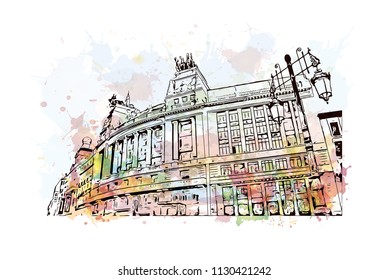 Puerta del Sol Plaza in Madrid, Spain. Watercolor splash with hand drawn sketch illustration in vector.