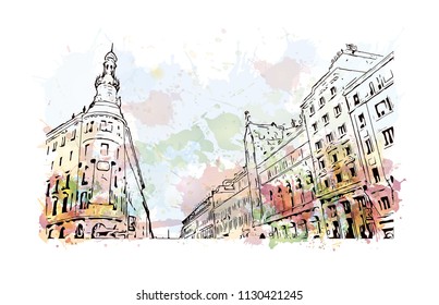 Puerta del Sol Plaza in Madrid, Spain. Watercolor splash with hand drawn sketch illustration in vector.