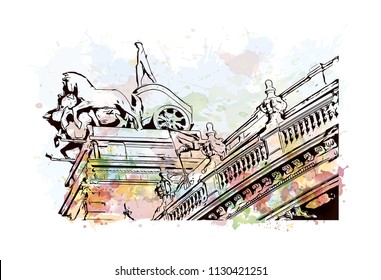 Puerta del Sol Plaza in Madrid, Spain. Watercolor splash with hand drawn sketch illustration in vector.