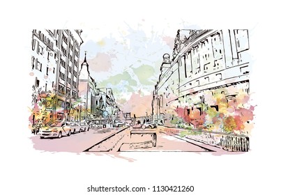 Puerta del Sol Plaza in Madrid, Spain. Watercolor splash with hand drawn sketch illustration in vector.