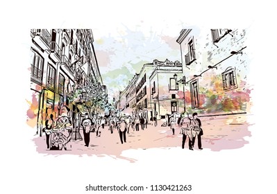 Puerta del Sol Plaza in Madrid, Spain. Watercolor splash with hand drawn sketch illustration in vector.