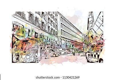 Puerta del Sol Plaza in Madrid, Spain. Watercolor splash with hand drawn sketch illustration in vector.