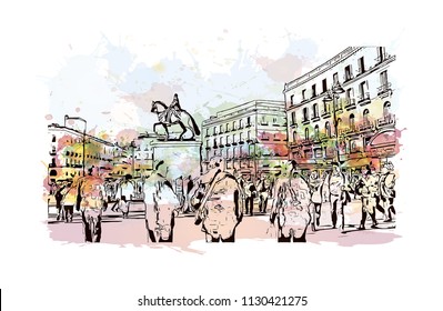 Puerta del Sol Plaza in Madrid, Spain. Watercolor splash with hand drawn sketch illustration in vector.