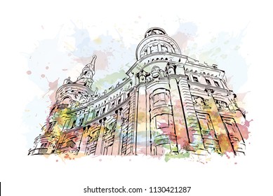 Puerta del Sol Plaza in Madrid, Spain. Watercolor splash with hand drawn sketch illustration in vector.