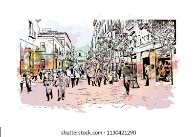 Puerta del Sol Plaza in Madrid, Spain. Watercolor splash with hand drawn sketch illustration in vector.