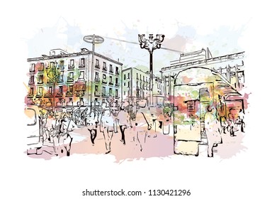 Puerta del Sol Plaza in Madrid, Spain. Watercolor splash with hand drawn sketch illustration in vector.