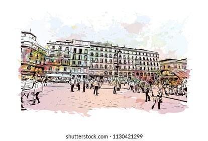 Puerta del Sol Plaza in Madrid, Spain. Watercolor splash with hand drawn sketch illustration in vector.