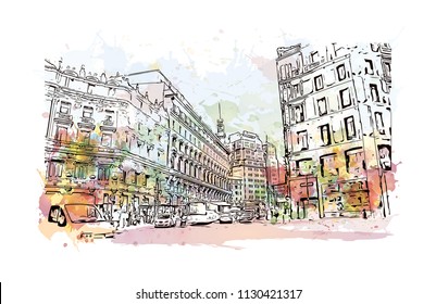 Puerta del Sol Plaza in Madrid, Spain. Watercolor splash with hand drawn sketch illustration in vector.