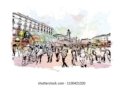 Puerta del Sol Plaza in Madrid, Spain. Watercolor splash with hand drawn sketch illustration in vector.