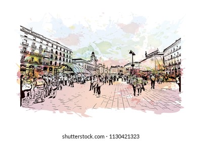 Puerta del Sol Plaza in Madrid, Spain. Watercolor splash with hand drawn sketch illustration in vector.