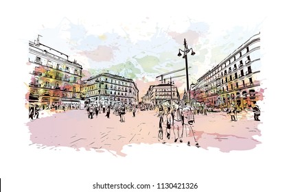 Puerta del Sol Plaza in Madrid, Spain. Watercolor splash with hand drawn sketch illustration in vector.