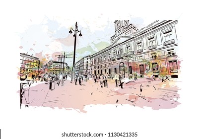 Puerta del Sol Plaza in Madrid, Spain. Watercolor splash with hand drawn sketch illustration in vector.