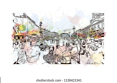 Puerta del Sol Plaza in Madrid, Spain. Watercolor splash with hand drawn sketch illustration in vector.