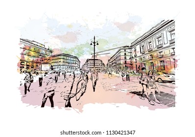 Puerta del Sol Plaza in Madrid, Spain. Watercolor splash with hand drawn sketch illustration in vector.