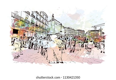 Puerta del Sol Plaza in Madrid, Spain. Watercolor splash with hand drawn sketch illustration in vector.