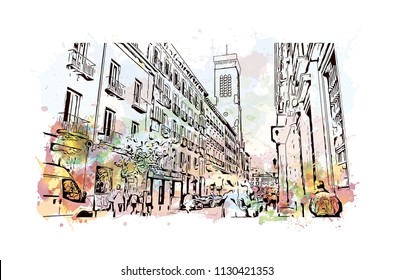 Puerta del Sol Plaza in Madrid, Spain. Watercolor splash with hand drawn sketch illustration in vector.