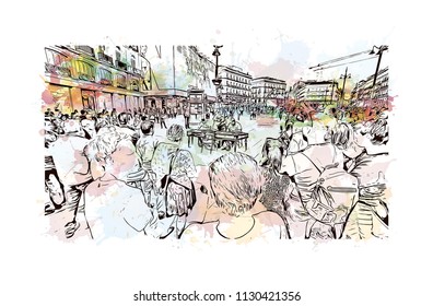 Puerta del Sol Plaza in Madrid, Spain. Watercolor splash with hand drawn sketch illustration in vector.