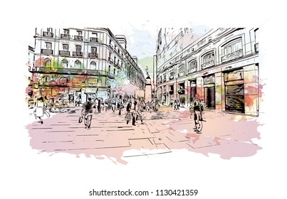 Puerta del Sol Plaza in Madrid, Spain. Watercolor splash with hand drawn sketch illustration in vector.