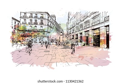 Puerta del Sol Plaza in Madrid, Spain. Watercolor splash with hand drawn sketch illustration in vector.