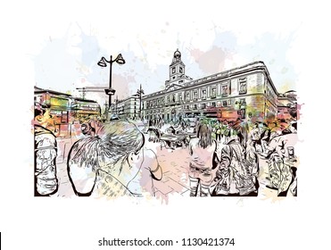 Puerta del Sol Plaza in Madrid, Spain. Watercolor splash with hand drawn sketch illustration in vector.