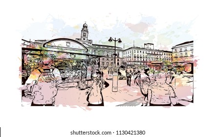 Puerta del Sol Plaza in Madrid, Spain. Watercolor splash with hand drawn sketch illustration in vector.