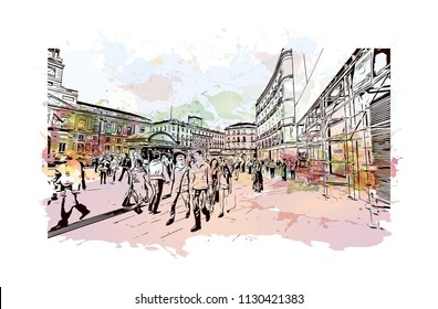 Puerta del Sol Plaza in Madrid, Spain. Watercolor splash with hand drawn sketch illustration in vector.