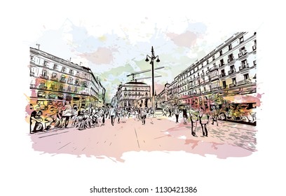 Puerta del Sol Plaza in Madrid, Spain. Watercolor splash with hand drawn sketch illustration in vector.