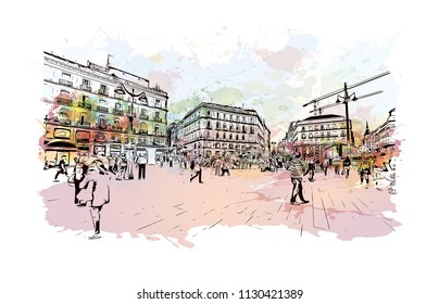 Puerta del Sol Plaza in Madrid, Spain. Watercolor splash with hand drawn sketch illustration in vector.