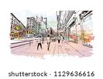 The Puerta del Sol is a public square in Madrid, Spain one of the best known and busiest places in the city. Watercolor splash with Hand drawn sketch illustration in vector.