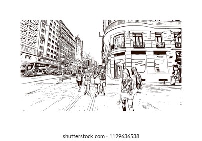 The Puerta del Sol is a public square in Madrid, Spain one of the best known and busiest places in the city. Hand drawn sketch illustration in vector.