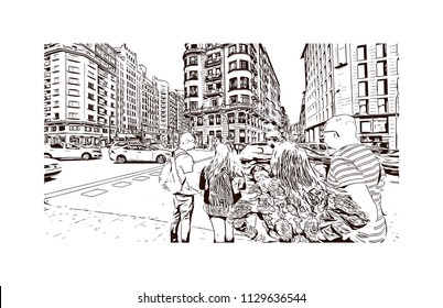 The Puerta del Sol is a public square in Madrid, Spain one of the best known and busiest places in the city. Hand drawn sketch illustration in vector.